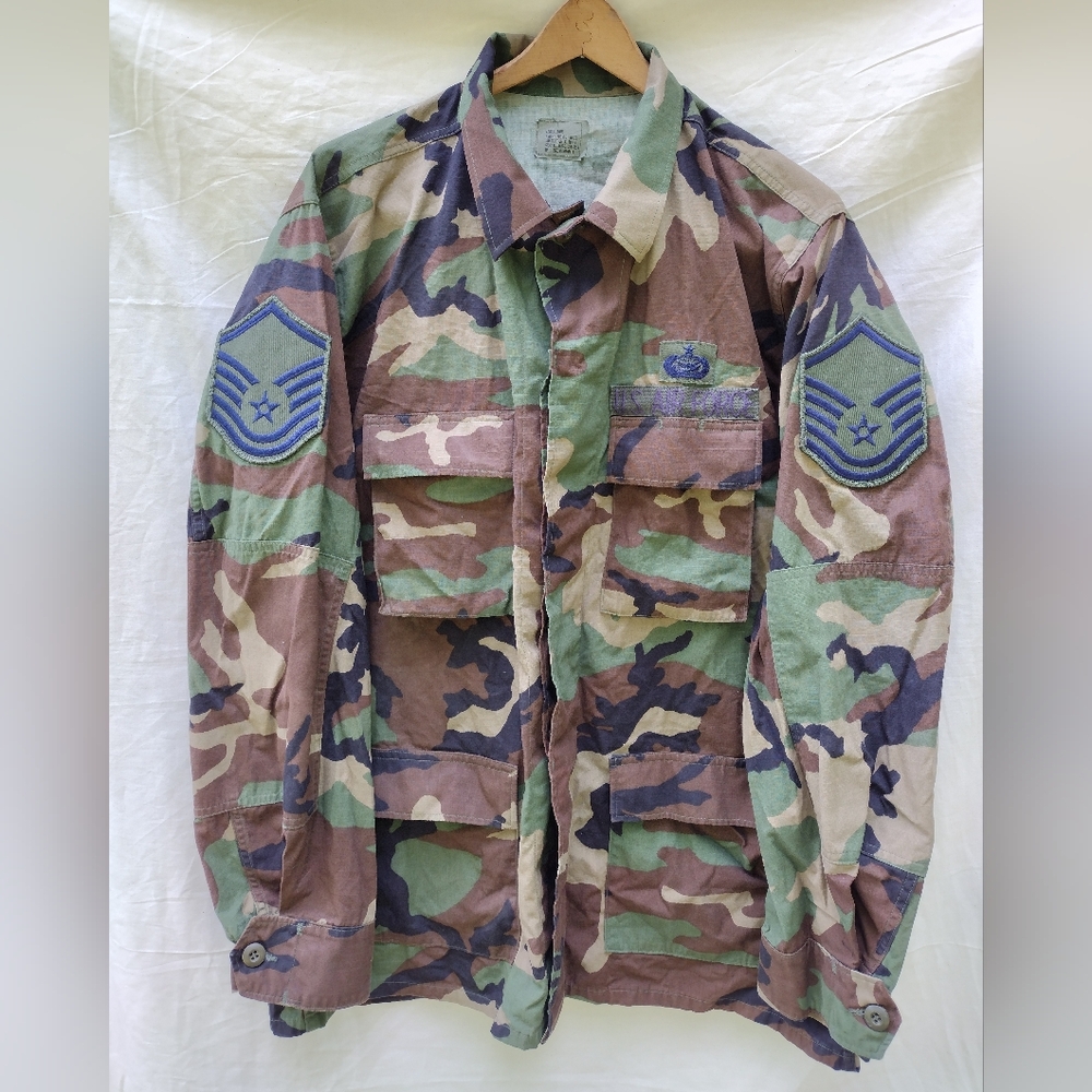 US Air Force Woodland Camo BDU Combat Coat Large Long E-7 Manpower Personnel VTG